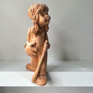 Vintage Lee Bortin Originals Clay Sculpture Girl in Overalls Holding Baby Doll